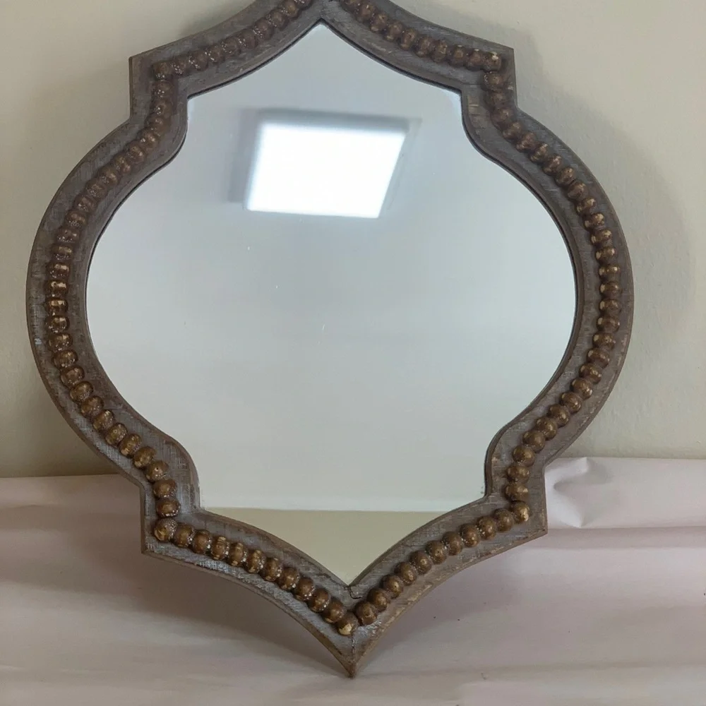 At Home Moroccan Quatrefoil Wall Mirror 16”Accent Distressed Wood beaded Rustic